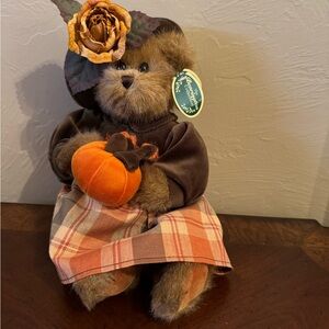 Burlington Collection Bear with Orange Pumpkin & Plaid Skirt
